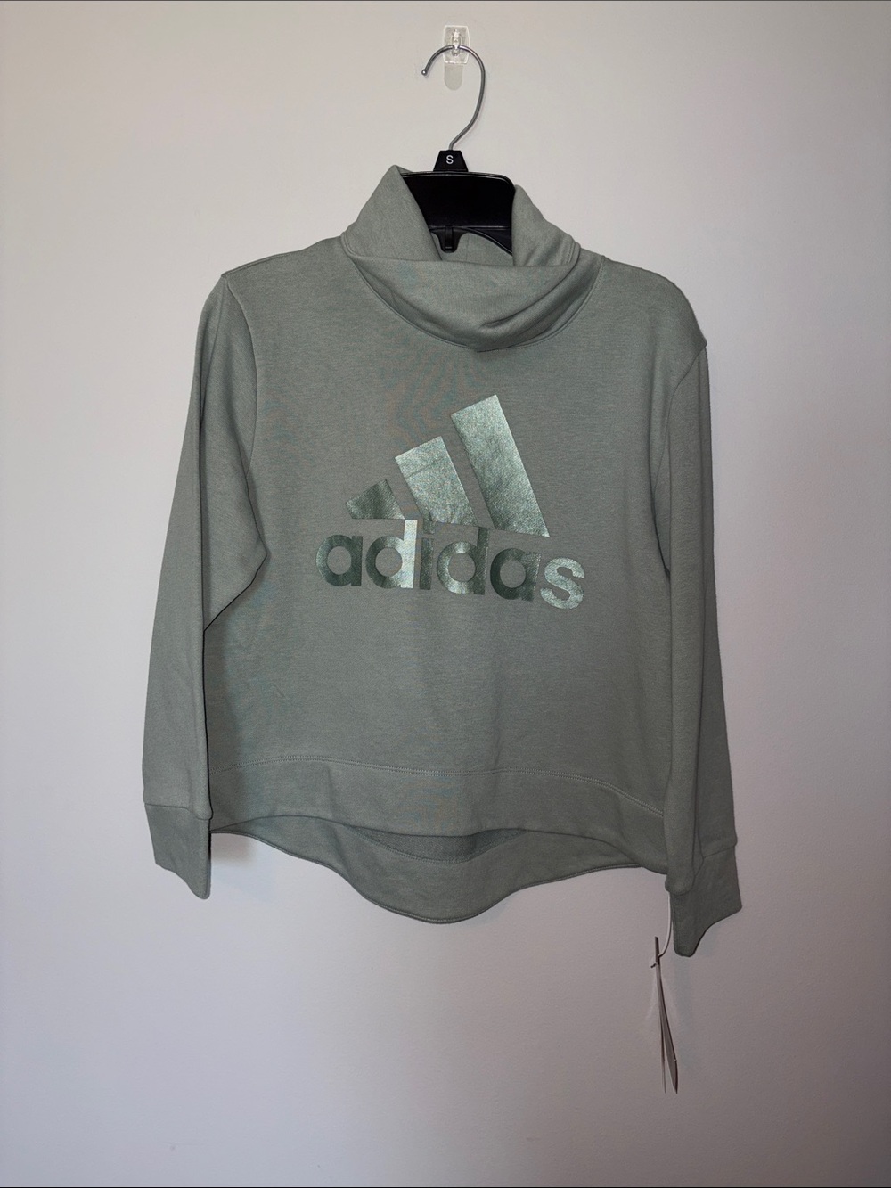 adidas Sage Green Funnel Neck Sweatshirt with Metallic Logo Youth Small